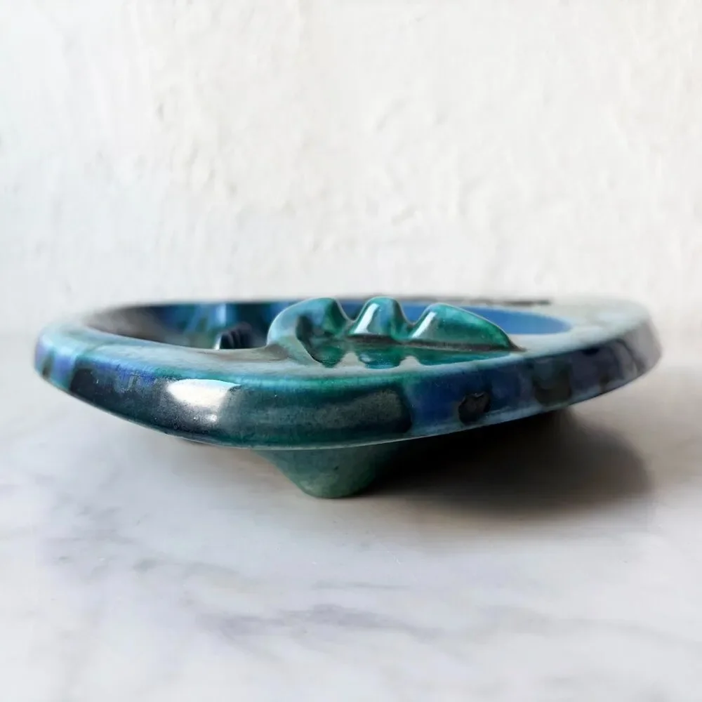 Vintage 1964 Handmade Pottery Ashtray MARLENE Blue Green Drip Glaze Signed